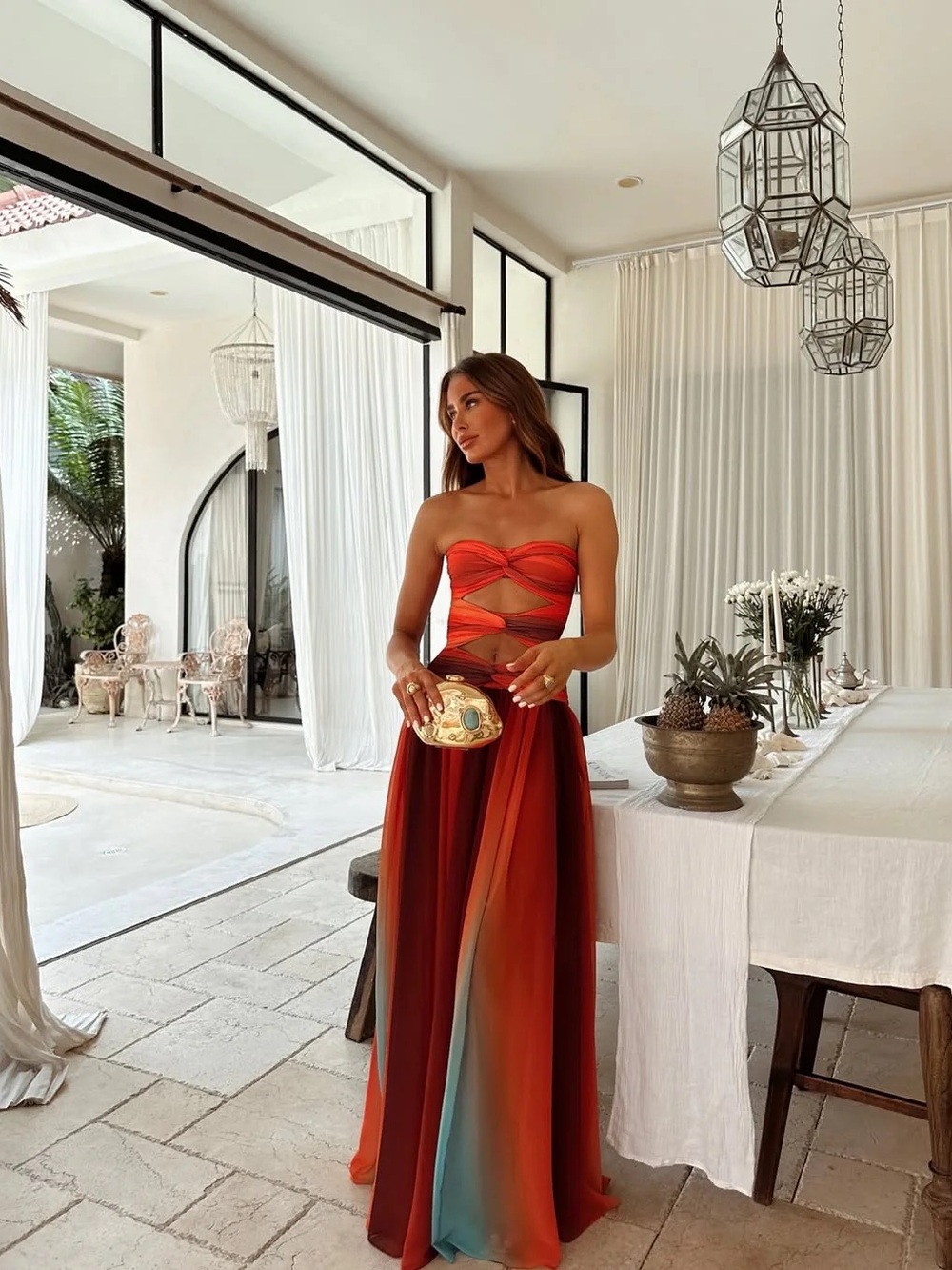 Strapless Ombre Maxi Dress in Red and Teal